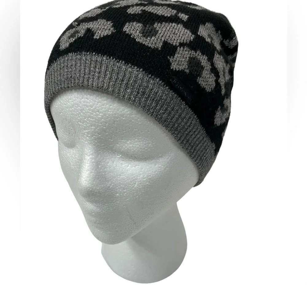 Calvin Klein Black Gray Animal Print Beanie One Size Acrylic Knit Skully Hat